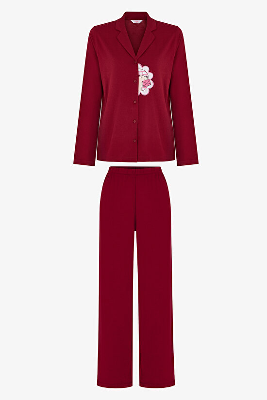 Bordo Happiness Uzun Kollu Gömlek Pantolon Pijama Takımı - 3