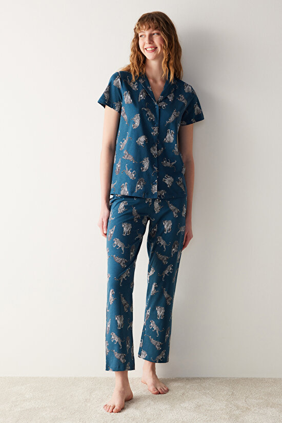 Base Dark Printed Gömlek Pijama Takımı - 1