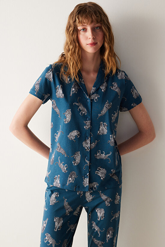 Base Dark Printed Gömlek Pijama Takımı - 2