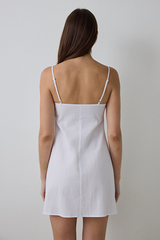 Optik Beyaz Alia Puantiyeli Dantelli Pamuklu V Yaka Gecelik - 5