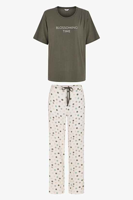 Haki Mama Blossoming Time Puantiye Desenli Pantolon Kısa Kollu Pijama Takımı - 1