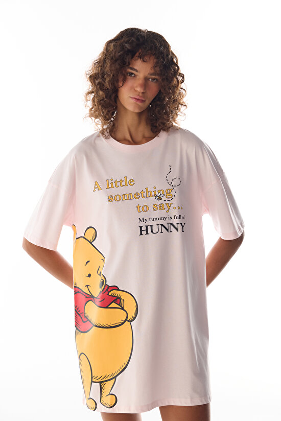 Pembe Winnie The Pooh Ayı Desenli Kısa Kollu Gecelik - 1