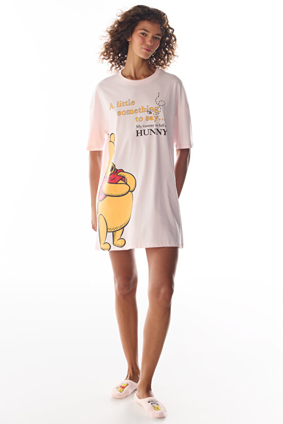 Pembe Winnie The Pooh Ayı Desenli Kısa Kollu Gecelik - 2