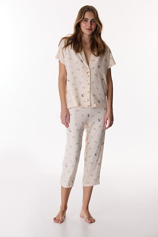 Beige Margot Printed Shirt & Capri Pajama Set
