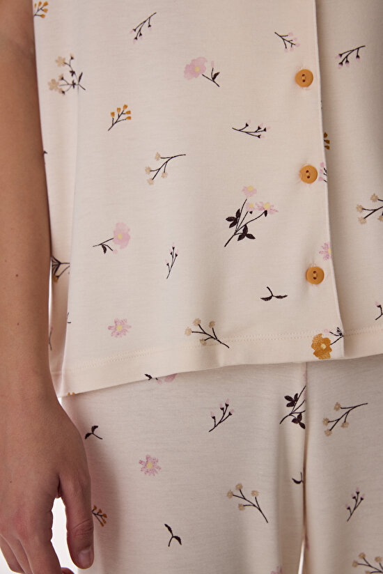 Bej Margot Desenli Gömlek Kapri Pijama Takımı - 4