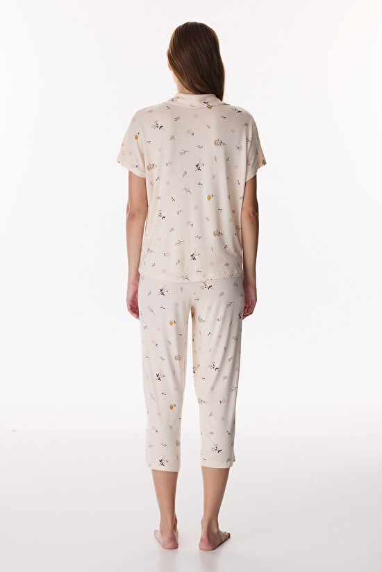 Bej Margot Desenli Gömlek Kapri Pijama Takımı - 5