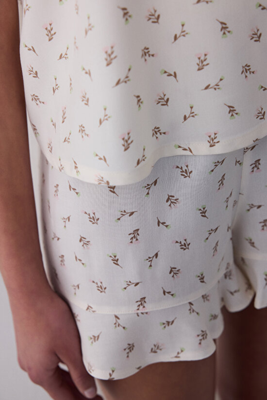 Floral Şortlu Ekru Pijama Takımı - 3