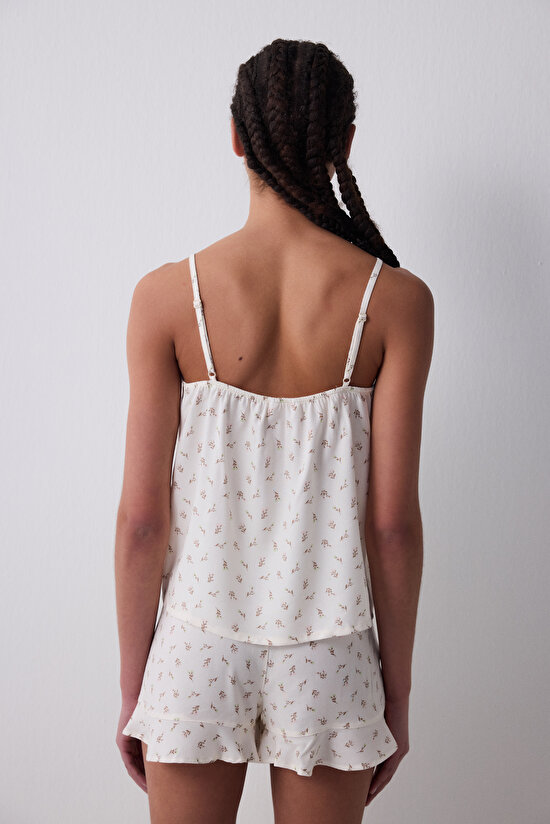 Floral Şortlu Ekru Pijama Takımı - 4