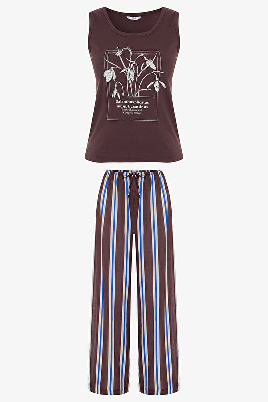 Brown Istanbul Snowdrop Striped Crew Neck Strappy Cotton Pajama Set - Inspired by Flora - 1