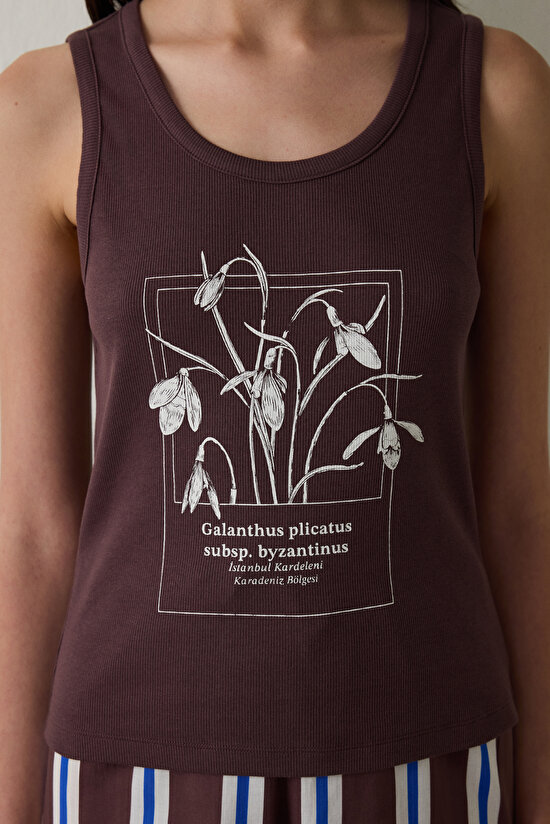 Kahverengi Istanbul Kardeleni Çizgili Bisiklet Yaka Askılı Pamuklu Pijama Takımı - Inspired by Flora - 3