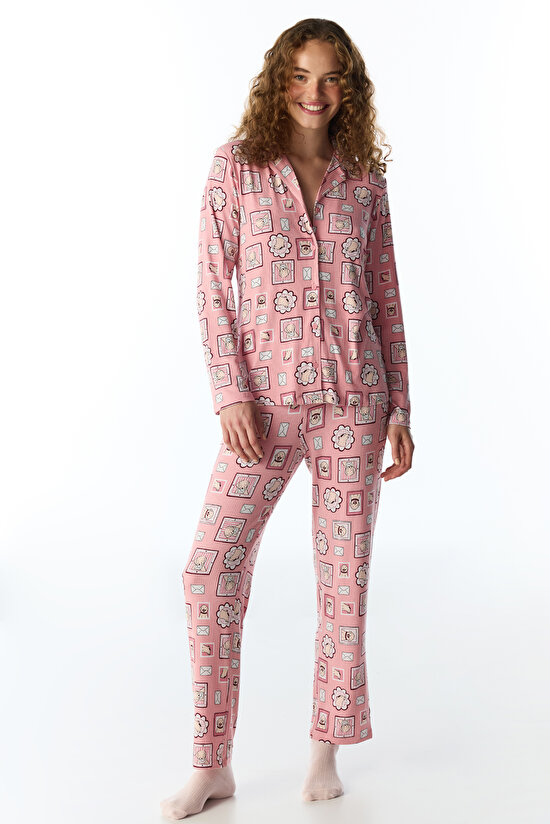 Pembe Postcard Fitilli Uzun Kollu Gömlek Pantolon Pijama Takımı - 1