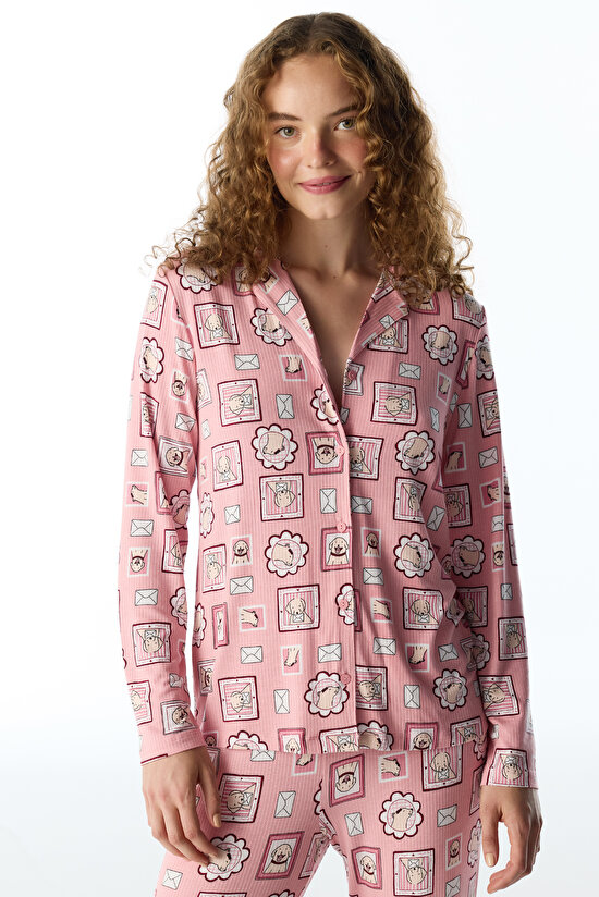 Pembe Postcard Fitilli Uzun Kollu Gömlek Pantolon Pijama Takımı - 2