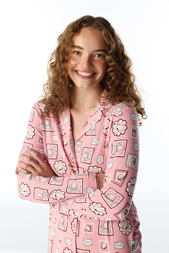 Pembe Postcard Fitilli Uzun Kollu Gömlek Pantolon Pijama Takımı - 3