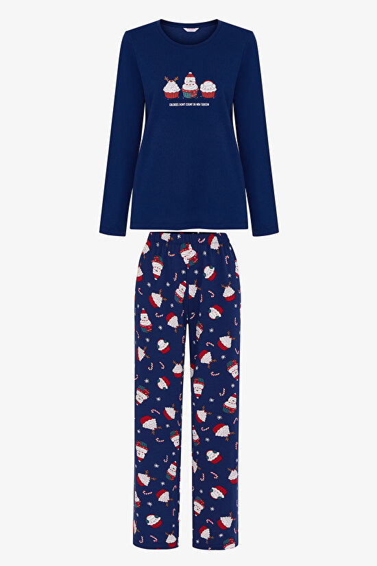 Lacivert Joyful Cupcakes Noel Desenli Uzun Kollu Pantolon Pijama Takımı - 1