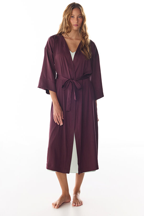 Bordo Aurora Saten Çiçekli 3/4 Kollu Sabahlık - 1