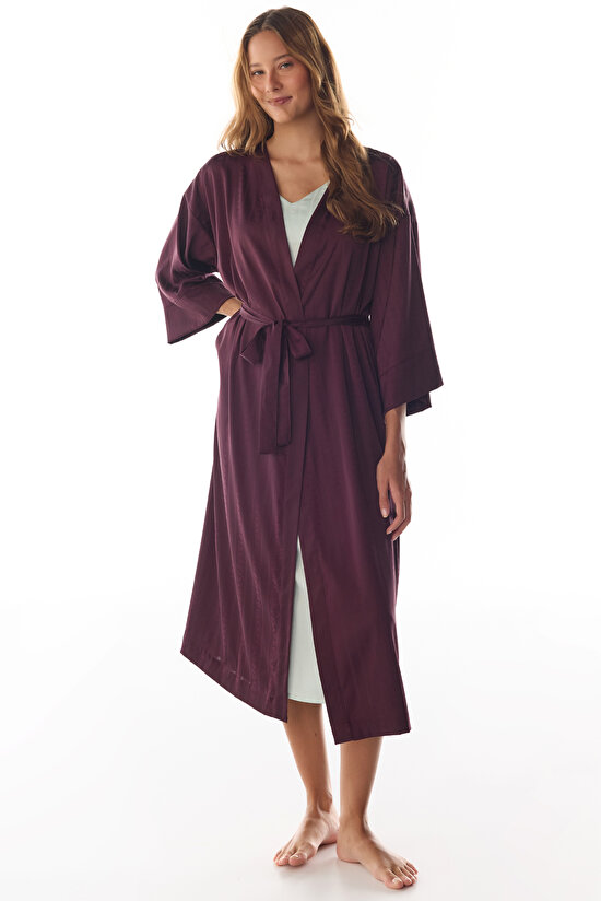 Bordo Aurora Saten Çiçekli 3/4 Kollu Sabahlık - 2