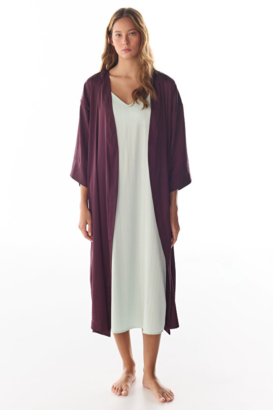 Bordo Aurora Saten Çiçekli 3/4 Kollu Sabahlık - 3