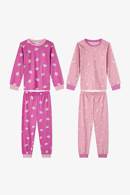 Kız Çocuk Pembe Capycorn Pamuklu Uzun Kollu 2'li Pijama Takımı - 1