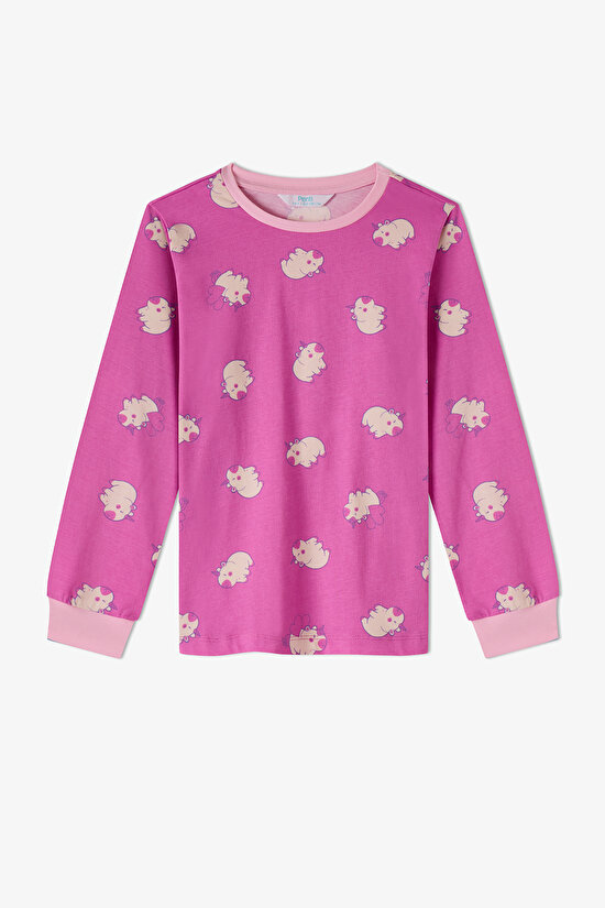 Kız Çocuk Pembe Capycorn Pamuklu Uzun Kollu 2'li Pijama Takımı - 3