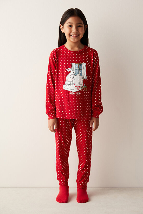 Kız Çocuk Hidden Place Slogan Baskılı Termal Kırmızı Pijama Takımı - 3