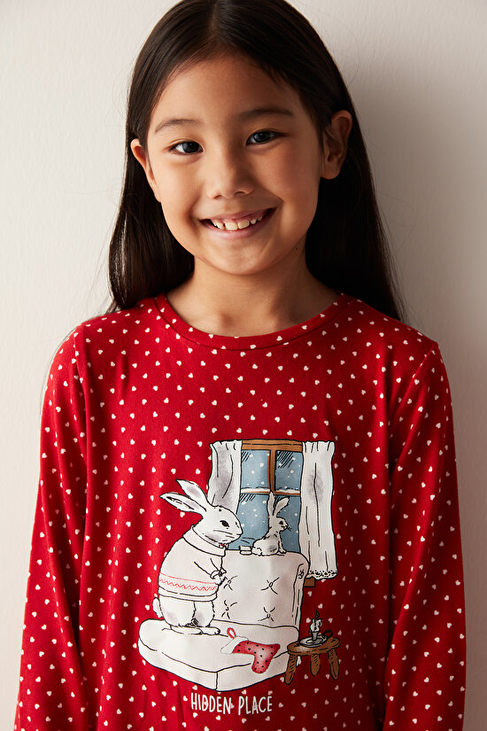 Kız Çocuk Hidden Place Slogan Baskılı Termal Kırmızı Pijama Takımı - 4