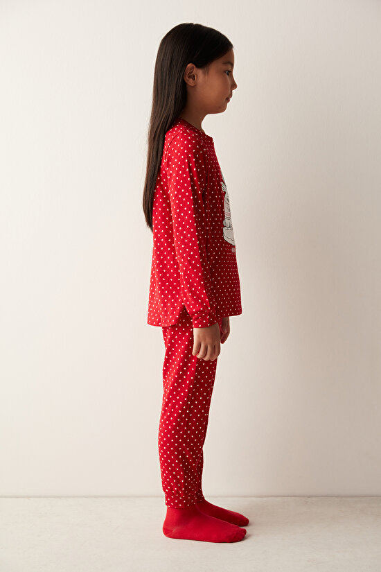 Kız Çocuk Hidden Place Slogan Baskılı Termal Kırmızı Pijama Takımı - 5