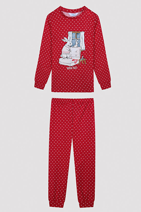 Kız Çocuk Hidden Place Slogan Baskılı Termal Kırmızı Pijama Takımı - 7