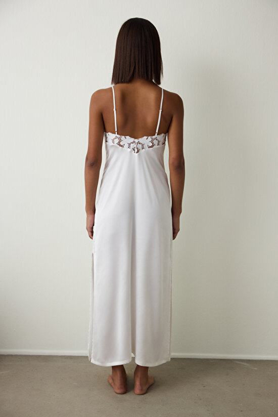 Kırık Beyaz Bridal Delicate V Yaka Dantelli Uzun Çeyizlik Gecelik - 5