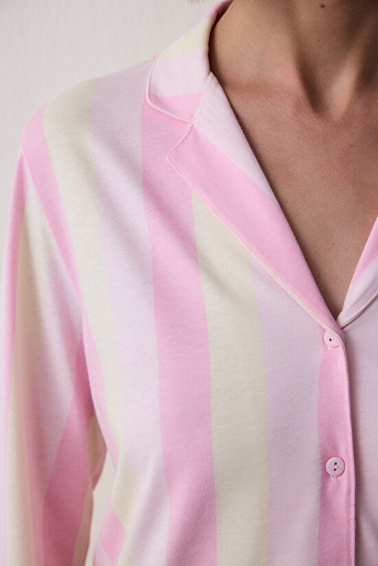 Light Pink Striped Shirt Collar Cotton Pajama Set Light Pink Striped Shirt Collar Cotton Pajama Set - 3