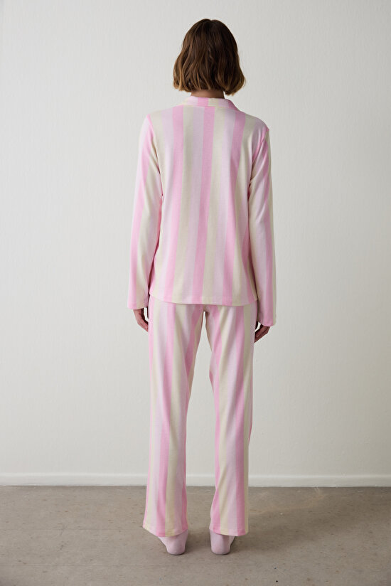 Light Pink Striped Shirt Collar Cotton Pajama Set Light Pink Striped Shirt Collar Cotton Pajama Set - 4