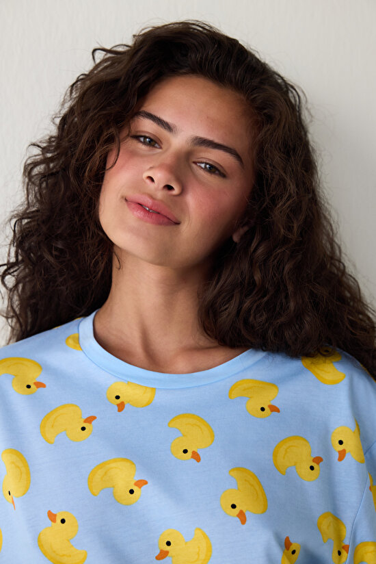 Açık Mavi Cuteness Bisiklet Yaka Pamuklu  Kısa Kollu Şortlu Pijama Takımı - 3