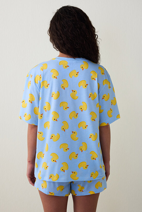 Açık Mavi Cuteness Bisiklet Yaka Pamuklu  Kısa Kollu Şortlu Pijama Takımı - 4