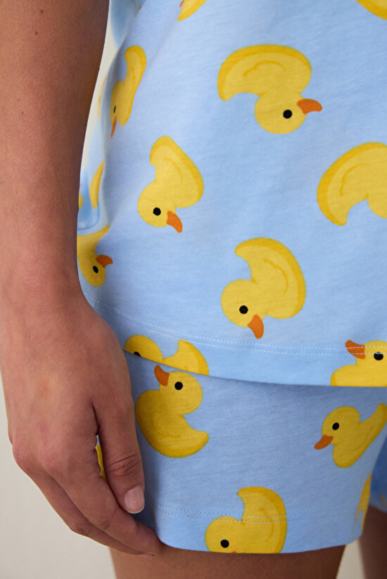 Açık Mavi Cuteness Bisiklet Yaka Pamuklu  Kısa Kollu Şortlu Pijama Takımı - 5