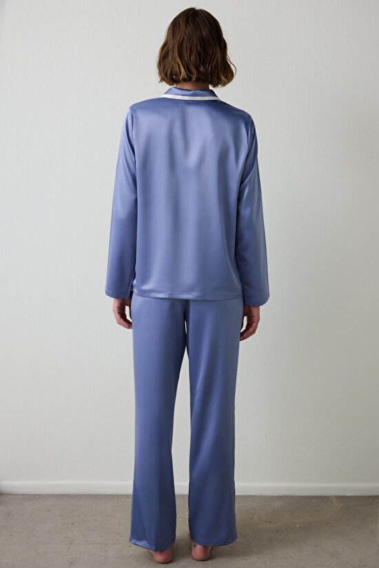 Indigo Hailee Satin Shirt Collar Long Sleeve Pajama Set Indigo Hailee Satin Shirt Collar Long Sleeve Pajama Set - 4