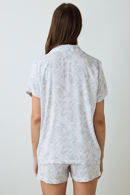 Light Gray Roses Shirt Collar Short Sleeve Pajama Set with Shorts Light Gray Roses Shirt Collar Short Sleeve Pajama Set with Shorts - 4