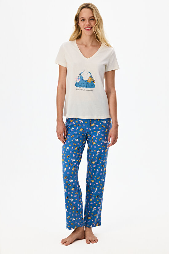 Mavi Pajamas Only Aksesuar Desenli Pantolon Kısa Kollu Pijama Takımı - 2