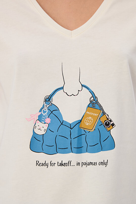 Mavi Pajamas Only Aksesuar Desenli Pantolon Kısa Kollu Pijama Takımı - 3