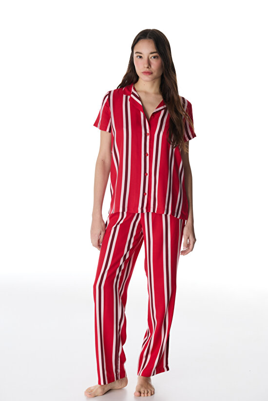 Kırmızı Fiona Gömlek Pantolon Pijama Takımı - 1
