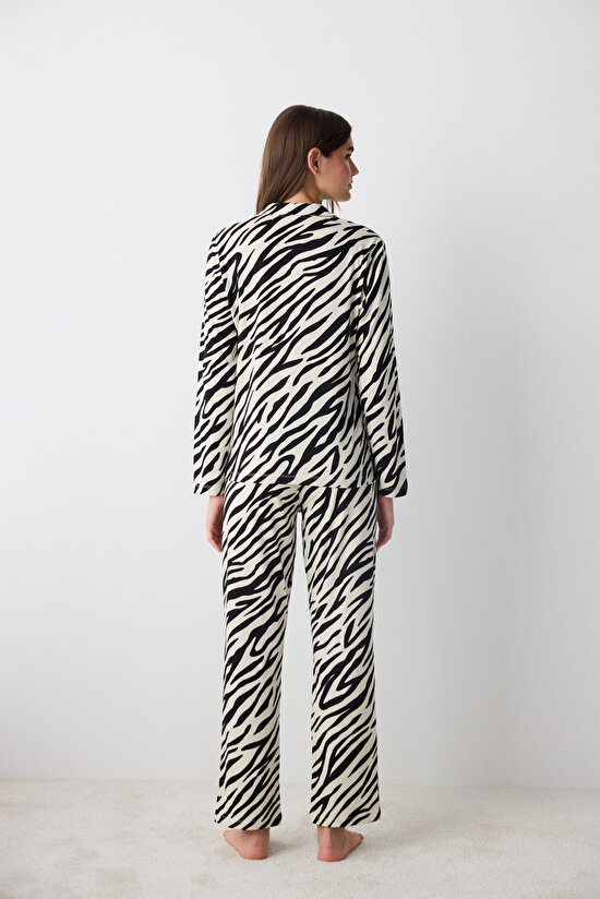 Pamuklu Zebra Gri Gömlek Pantolon Pijama Takımı - 5
