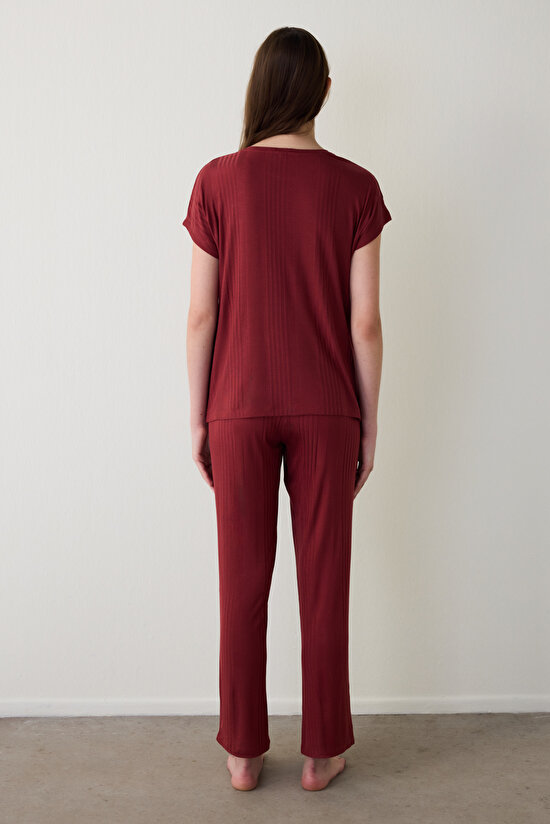 Bordo Freya Bisiklet Yaka Kısa Kol Pijama Takımı - 3