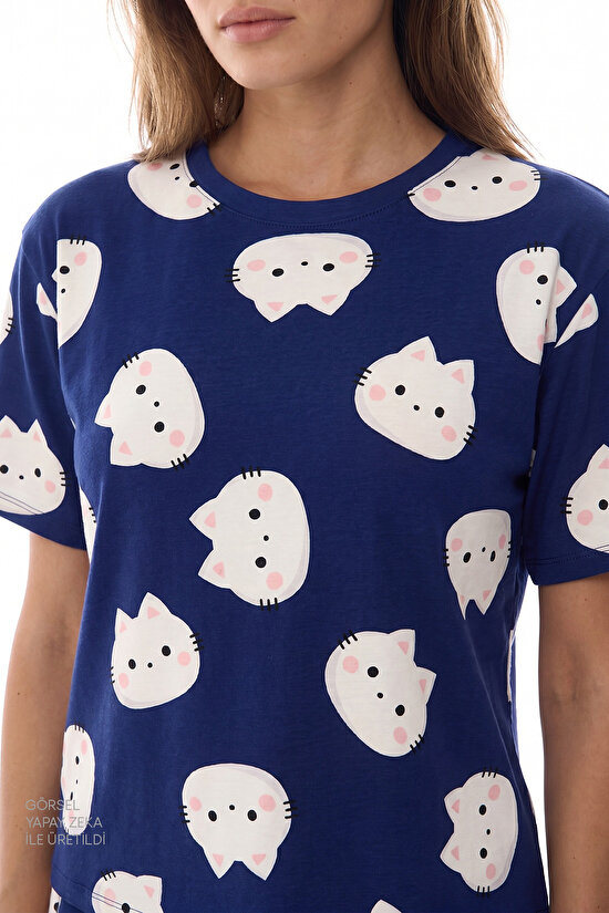 Lacivert Happy Cats Şort Pijama Takımı - 2