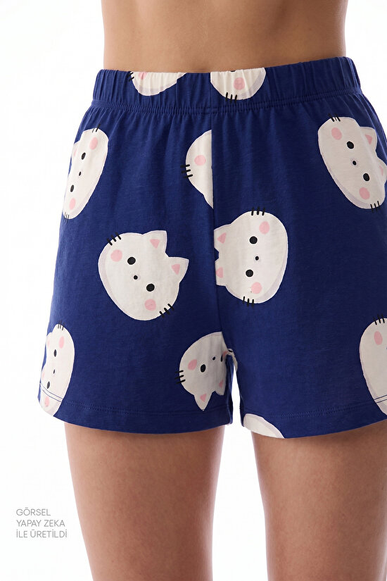 Lacivert Happy Cats Şort Pijama Takımı - 3
