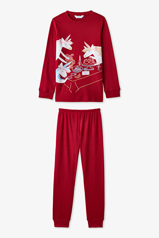 Kırmızı Kız Çocuk Table Unicorn Desenli Uzun Kollu Pijama Takımı - 3
