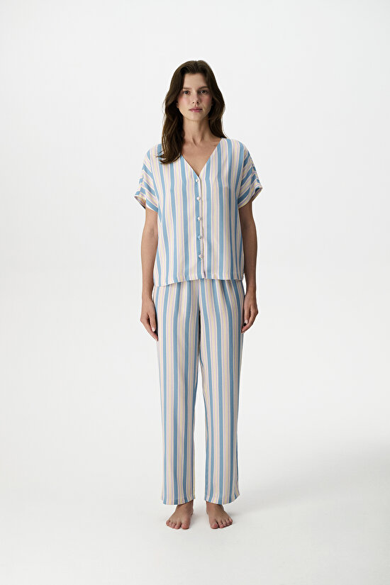 Blue Ella Striped Pants Pajama Set - 2