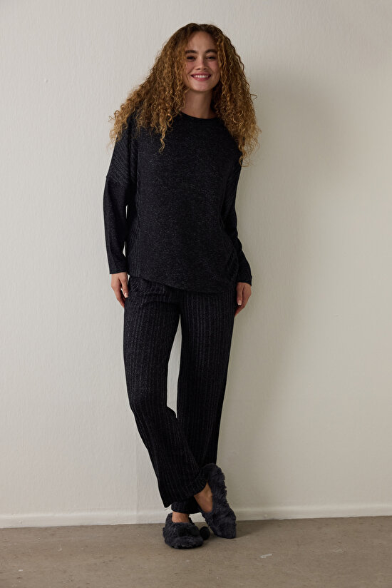 Siyah Dark Sky Bisiklet Yaka Uzun Kollu Pijama Takımı - 1