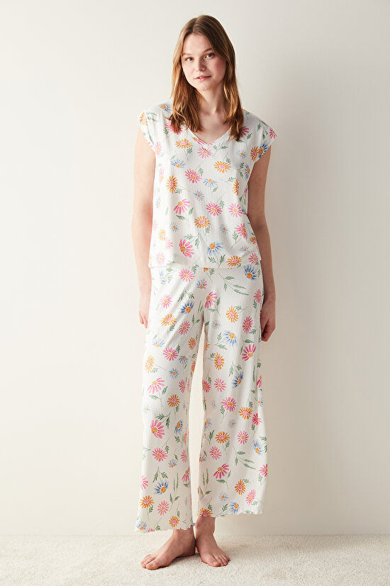 Flora Printed Kırık Beyaz Tişört Pijama Üstü - 1