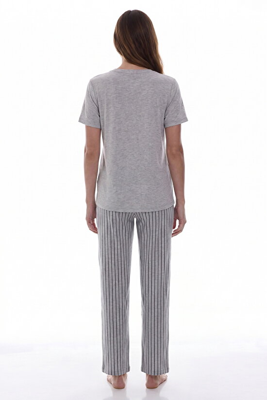 Gri Melanj Mama Rahat Day Çizgili Kısa Kollu Pijama Takımı - 2