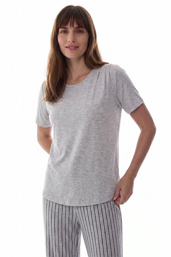 Gri Melanj Mama Rahat Day Çizgili Kısa Kollu Pijama Takımı - 3