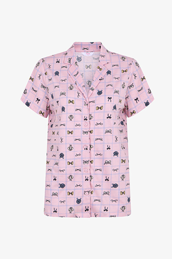 Pembe Cute Bows Gömlek Şortlu Pijama Takımı - 2