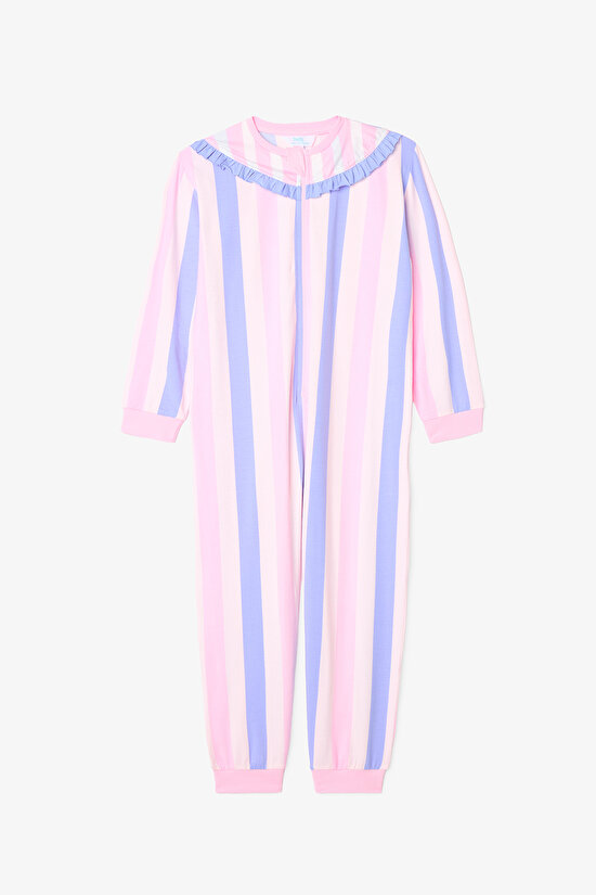 Açık Pembe Kız Çocuk Çizgili Fermuarlı Pijama Tulum - 1